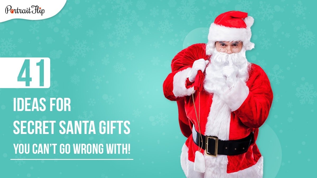 A santa clause hold his sack of gifts and asking people to keep a secret with his index finger on his lips. The image also suggests the following content is about secret santa gifts.