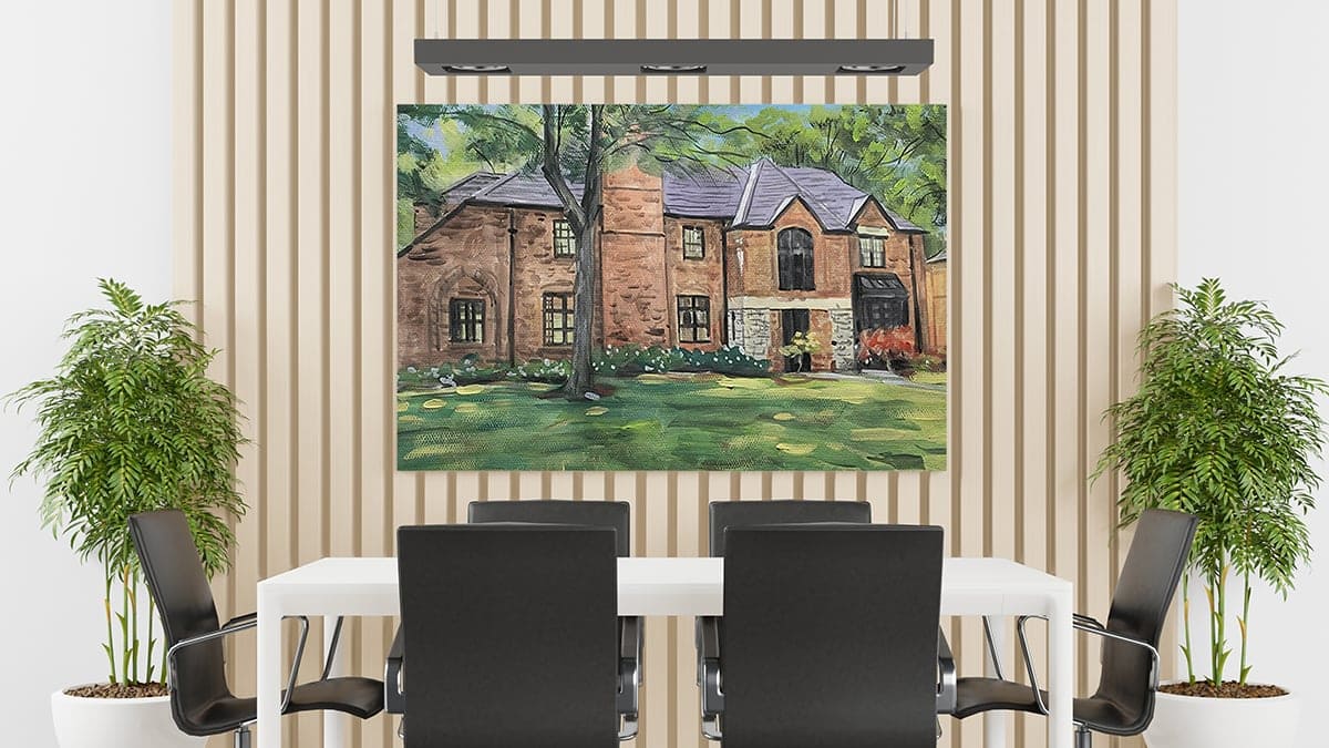 A painting of a house made from a photo by portraitFlip. the painting hangs in the dining room of the house.