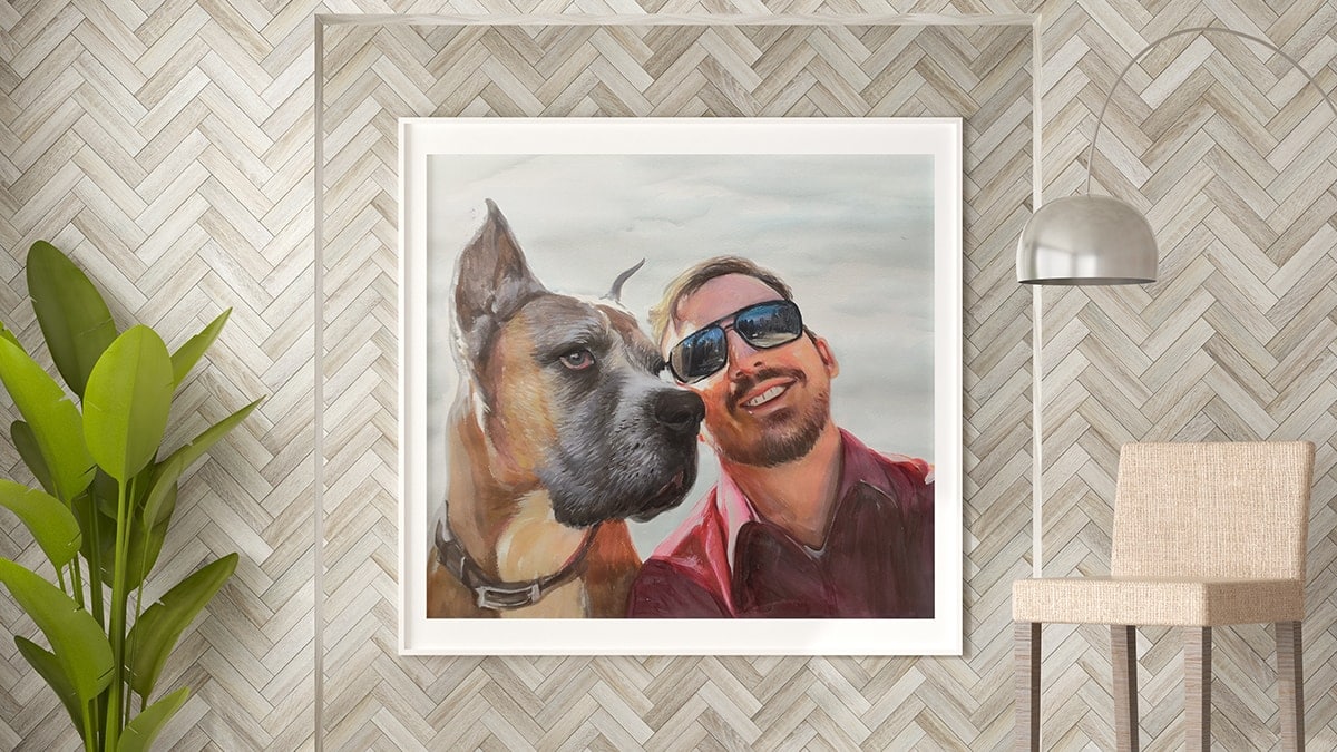 A watercolor painting of a man with his bestfriend, a dog. made by PortraitFlip.
