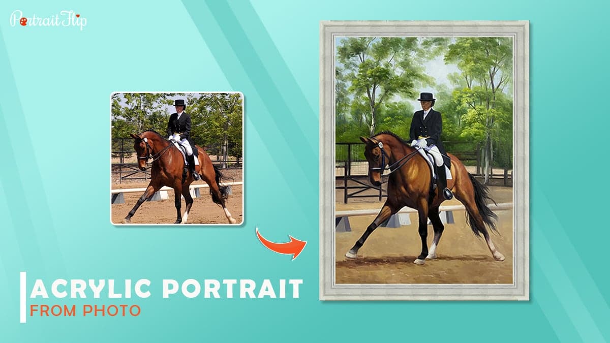 An acrylic portrait made by Portraitflip shows a man with black hat and black suit ridding a horse. 