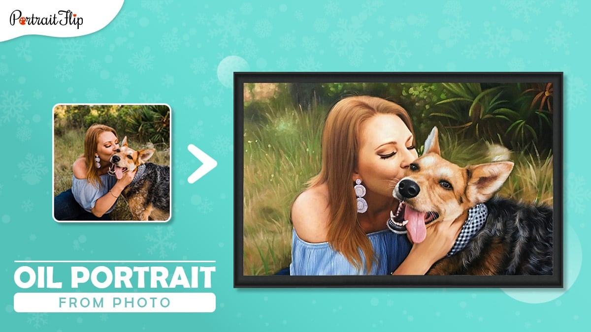 A painting made form photo by portraitflip.
The image is of a girl sitting on grass next to her dog and kissing him on the side while the dog happily looks at the camera. 