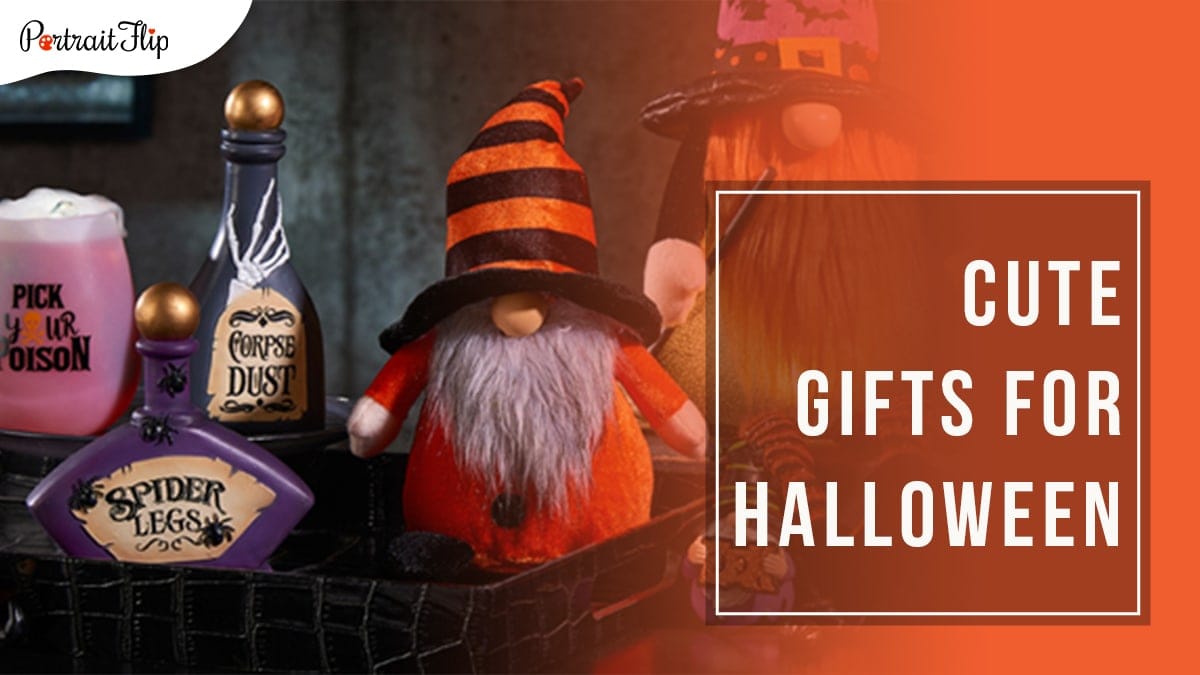 two gnomes dressed up as wizards kept on a stair shelf with vials of potions kept next to them. Cute gifts for Halloween written in a block on the right hand side. 