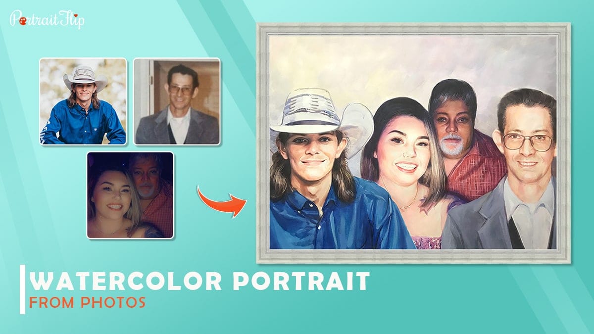 There is a watercolor portrait made by compiling three photos by Portraitflip.