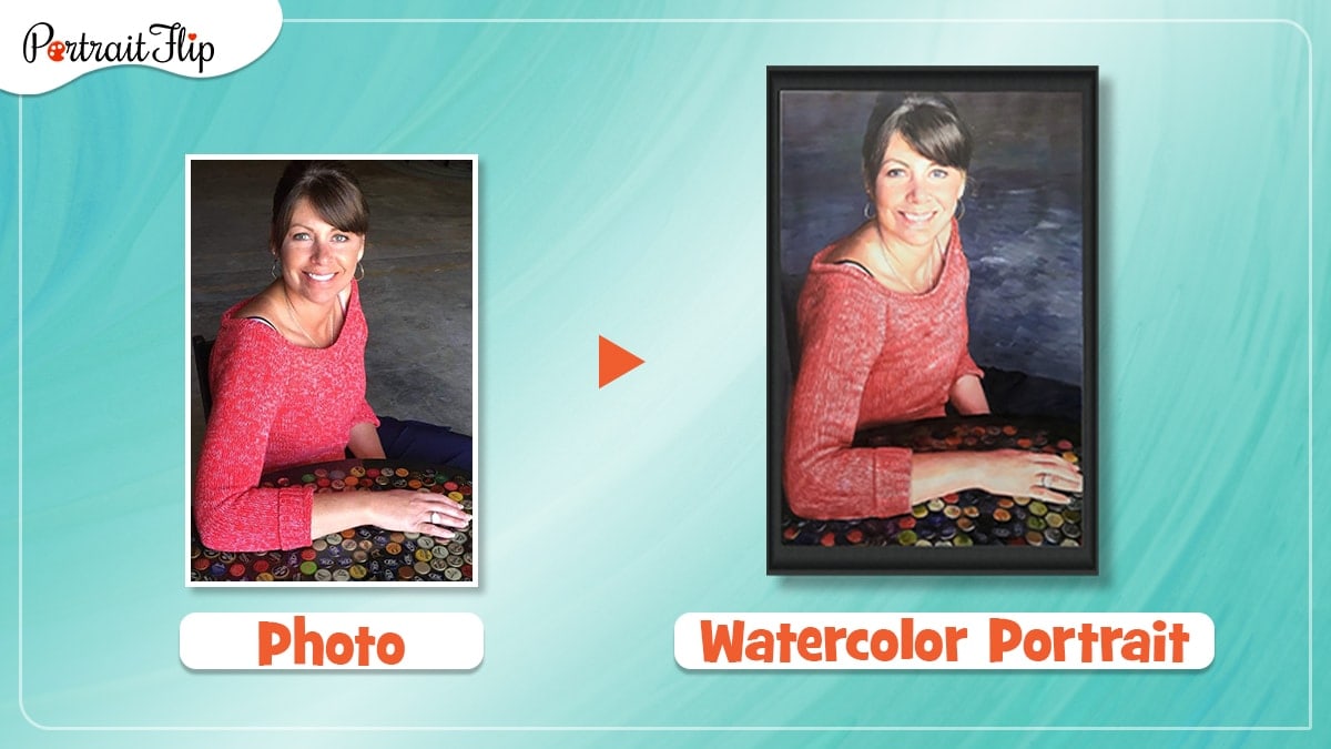 a photo of teacher in red dress is turned into a watercolor painting by artists of portraitflip