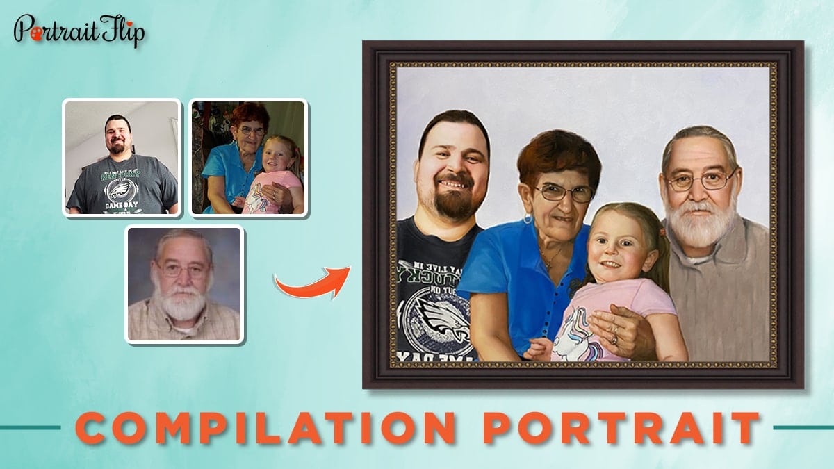 Compilation oil portrait of an old couple, a man and a girl child. 