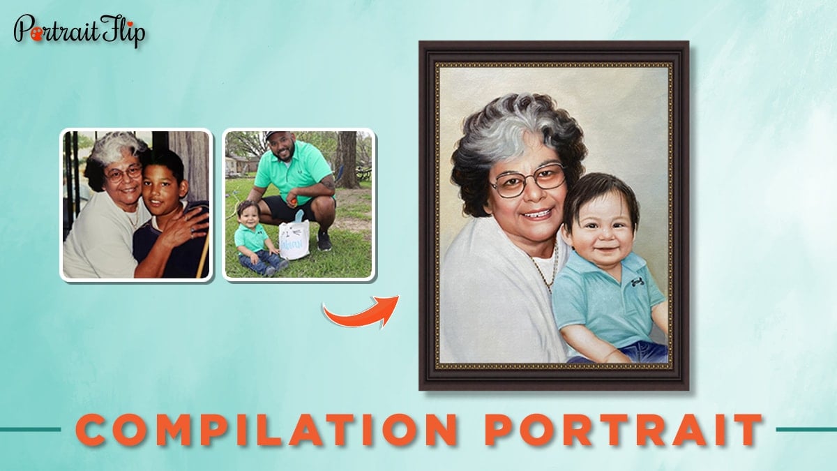 Compilation portrait of an old woman and a boy child. 