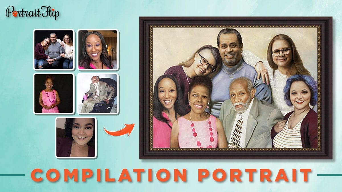 Family portrait from multiple photos of two men and five women. 