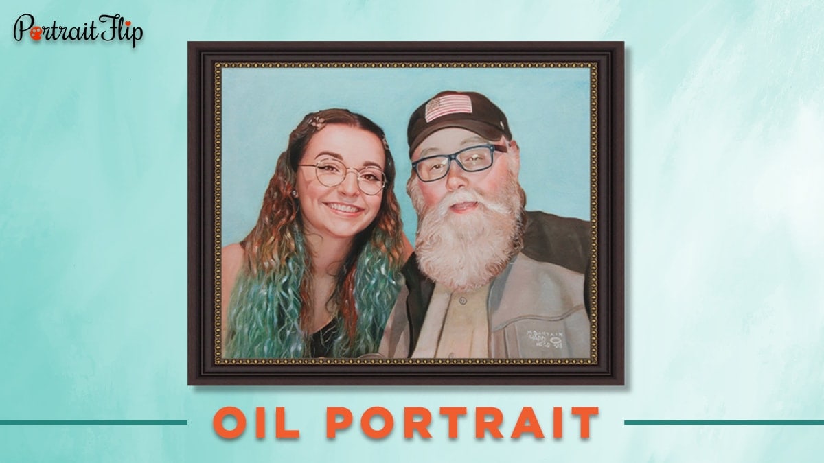 30 under 30 oil portrait of a girl and an old man with a frame on a blue background. 