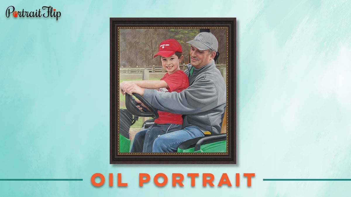 An oil portrait of a grandfather and his grandson on a tractor. 