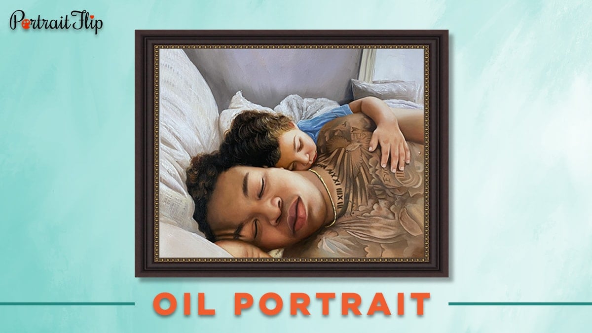 Oil portrait of a father and his son sleeping. 