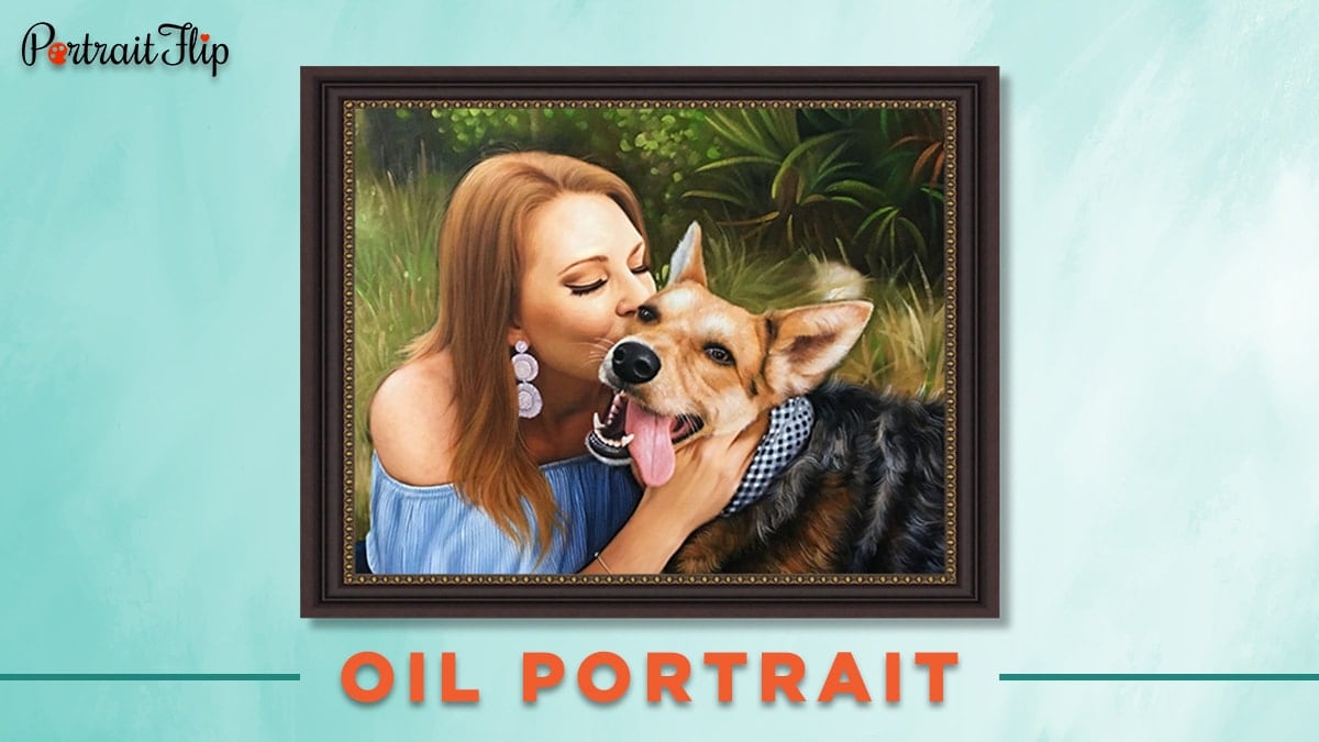 Pet oil portrait from photo of a woman and her dog. 