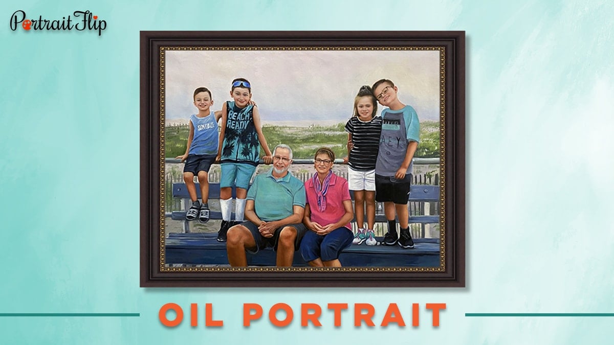 Grandparents and grandchildren oil portrait from photo. 