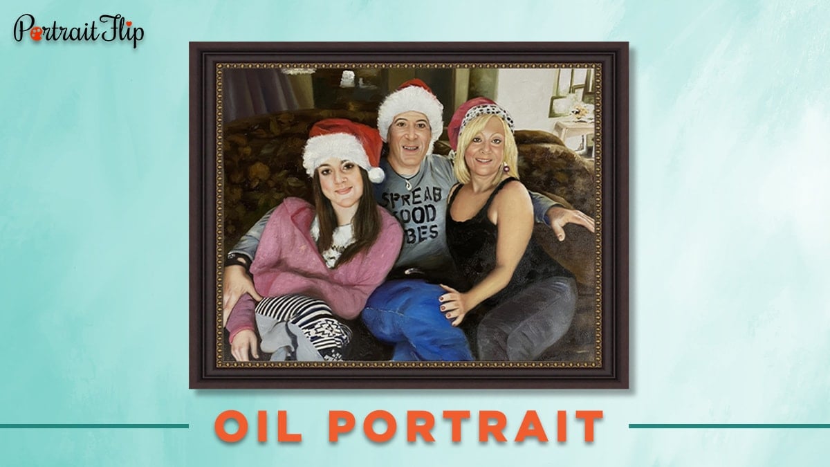 Oil portrait from photo of a man and two women wearing christmas hat.