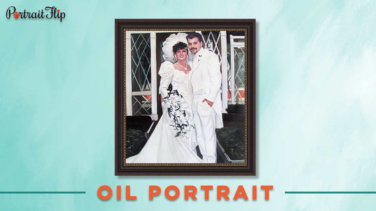 Oil portrait of a couple on his wedding day. 
