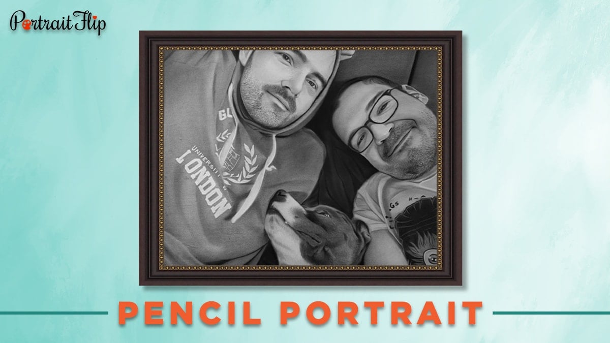 A pencil portrait of two men and a dog. 