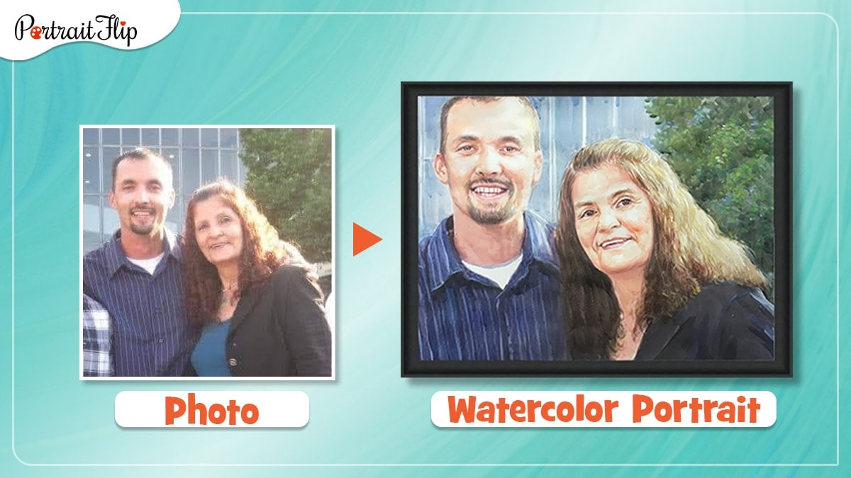 an old photo of a woman and man is turned into a watercolor portrait by artists of portraitflip.  