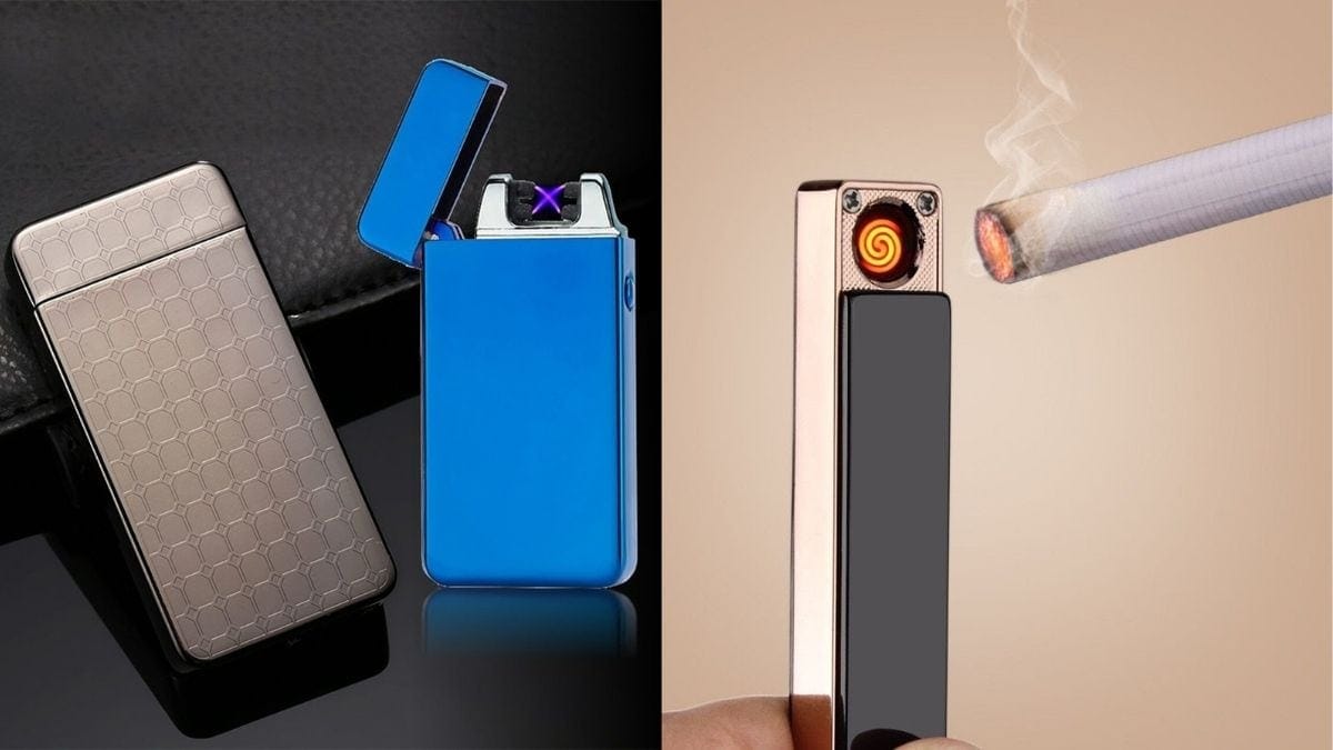 On left: Brown and blue rechargeable lighters. on right: a cigarette is lit with a rechargeable lighter. 