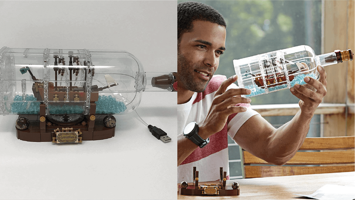 on left: ship in a bottle. on right: a man building the ship in bottle