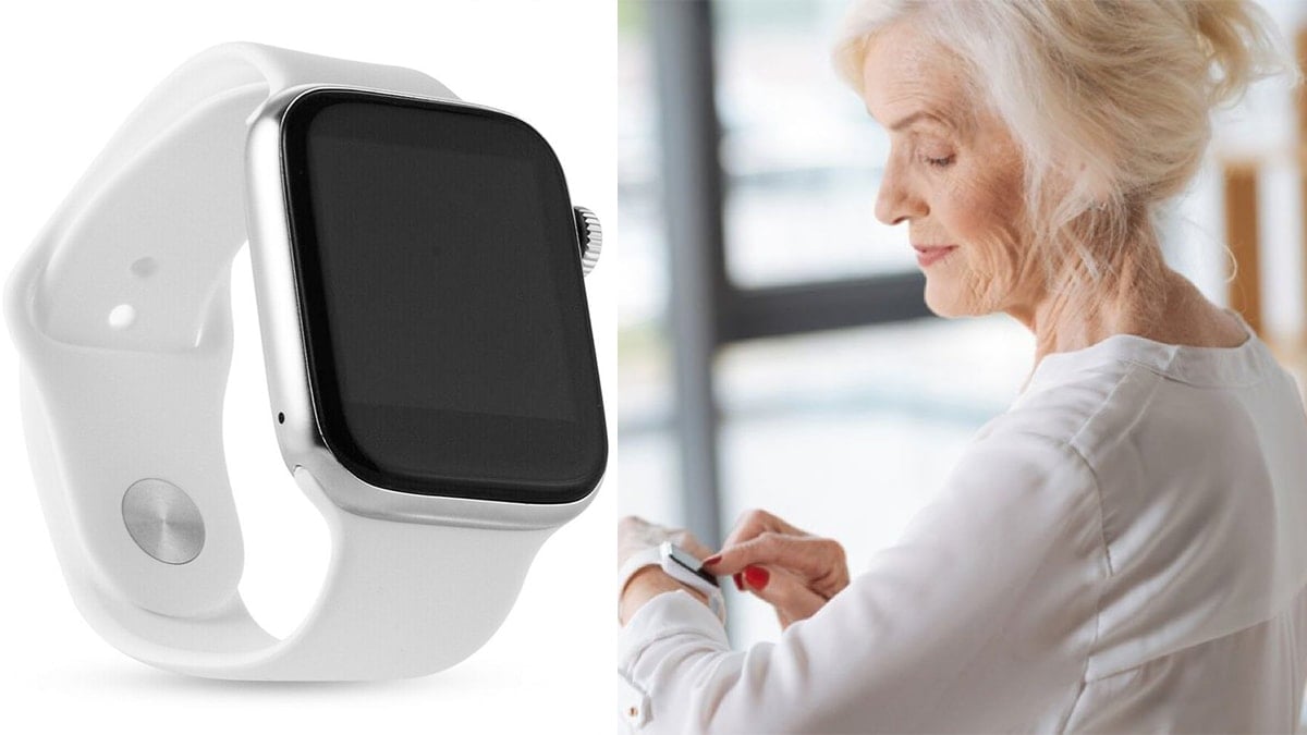 On left: a white Smart watch against a white background.  On Right: a grandma operating a white smartwatch. 