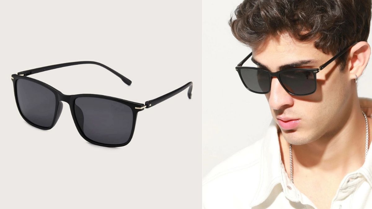 On left: black sunglasses. on the right: a man wearing the same sunglasses