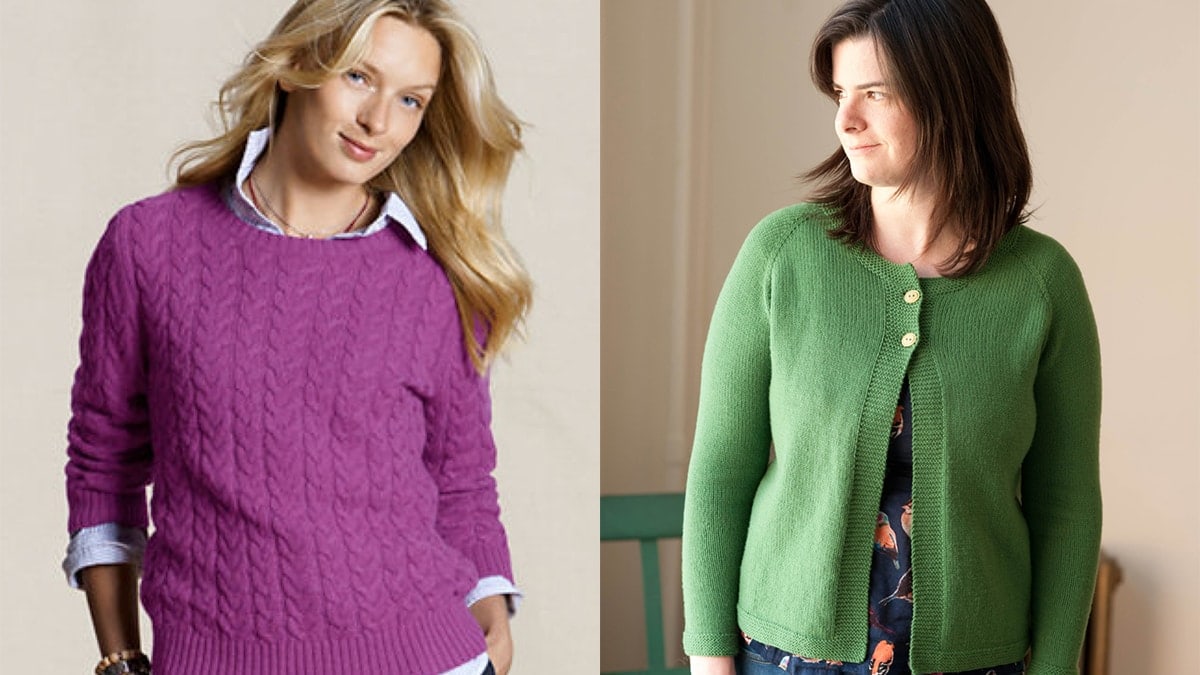 On left side: a woman wearing a green sweater. On the right side : a woman wearing green sweater 