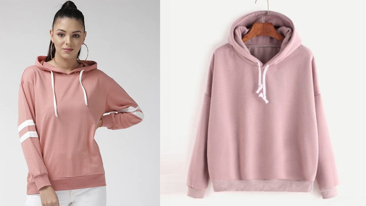 on the left: a woman wearing a pink sweatshirt. On the right: a pink sweatshirt against white background. 