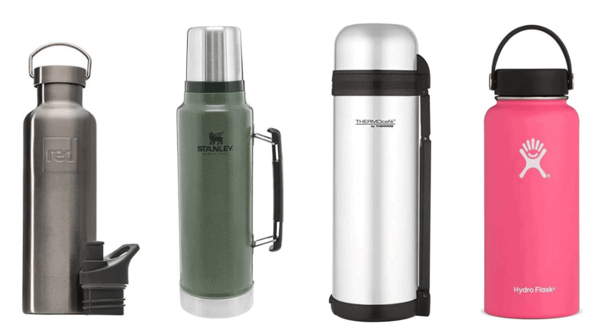 There are 4 types of thermos flasks placed on a white background. 