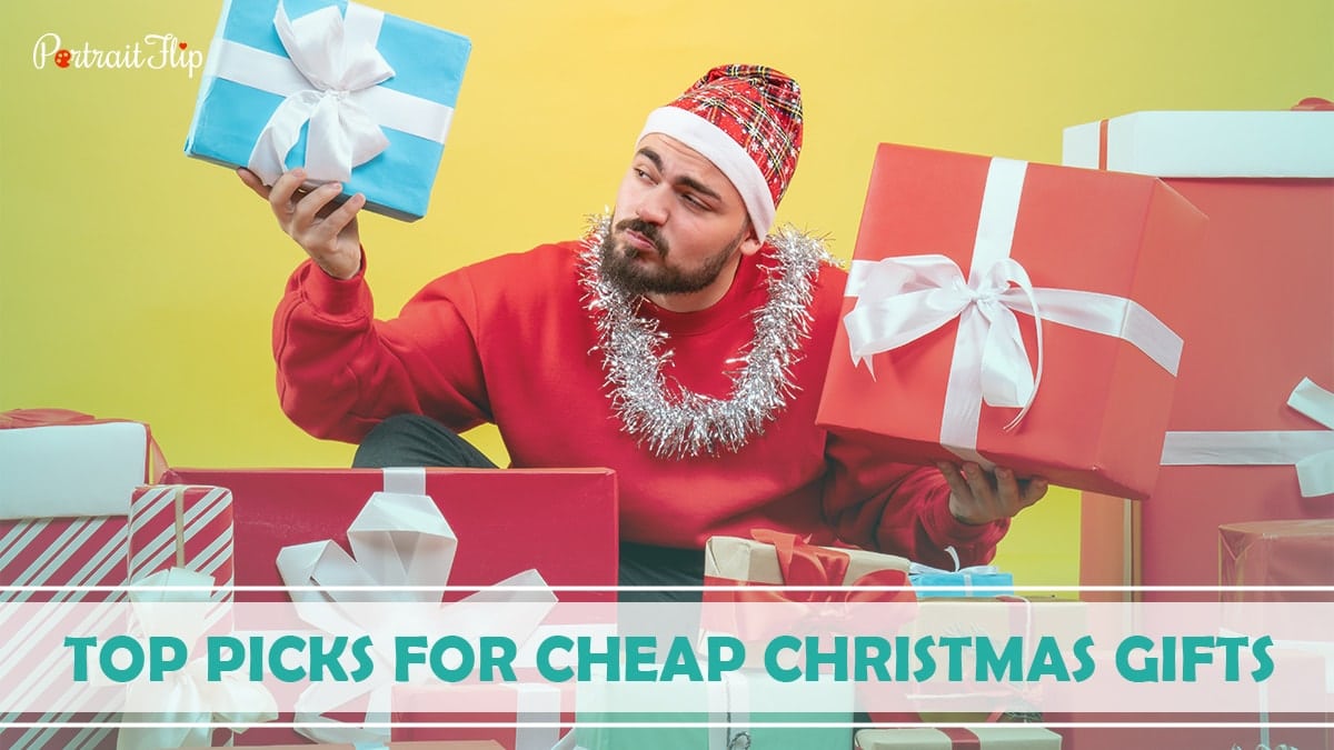 Top Picks For Cheap Christmas Gifts: A guy in beanie checking all the Christmas gifts he received. 