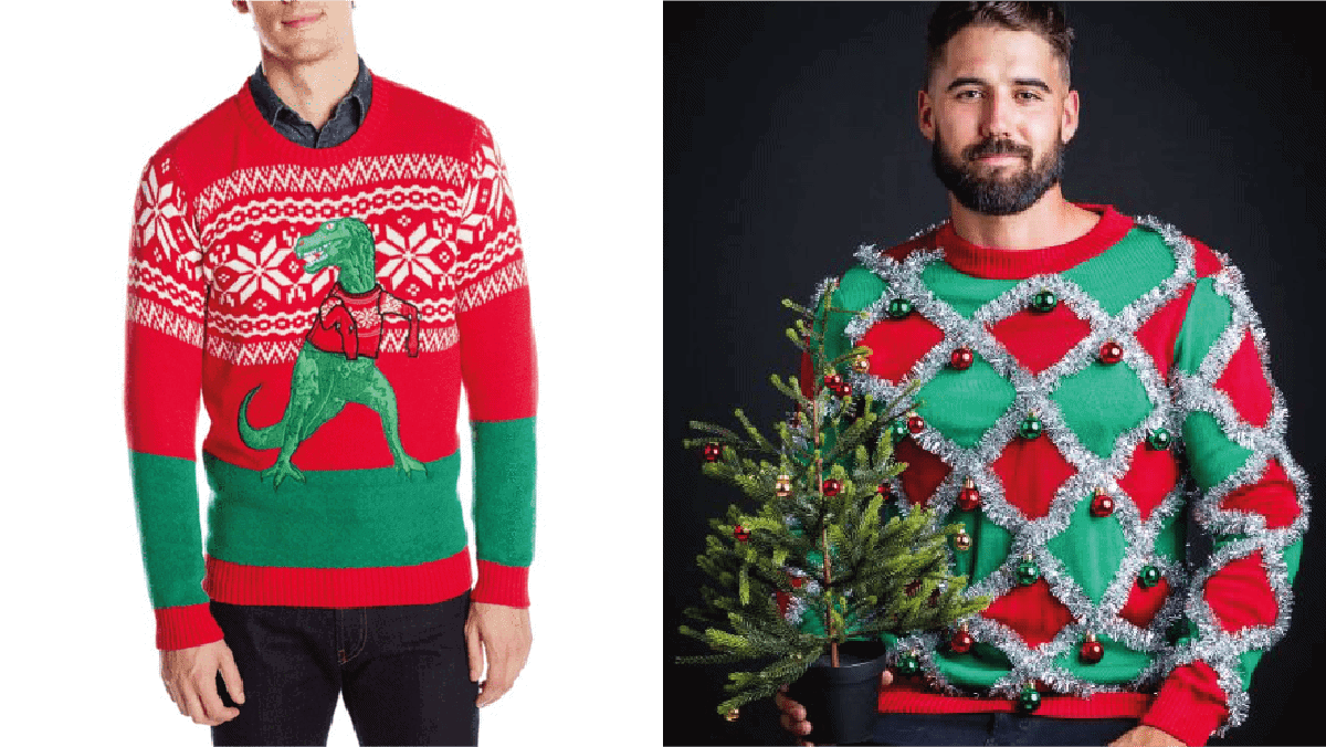 On left: a guy wearing an ugly Christmas themed dinosaur sweater. On the right: a man wearing Christmas themed ugly sweater