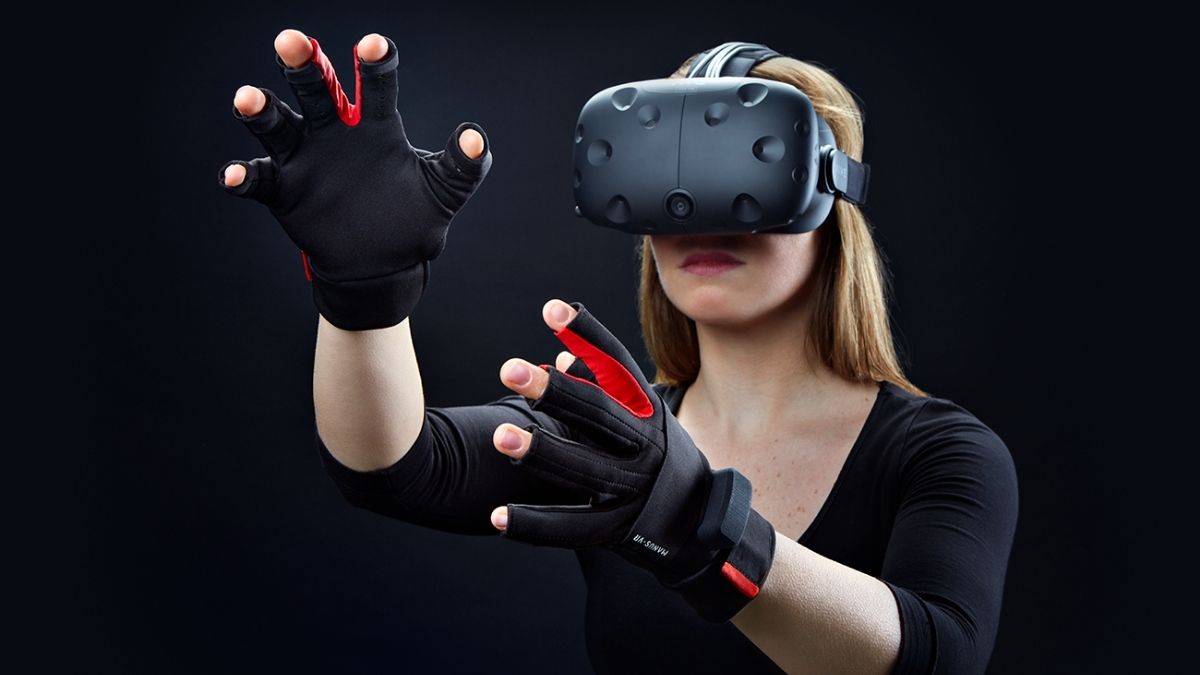A woman using a Virtual Reality (VR) set. 