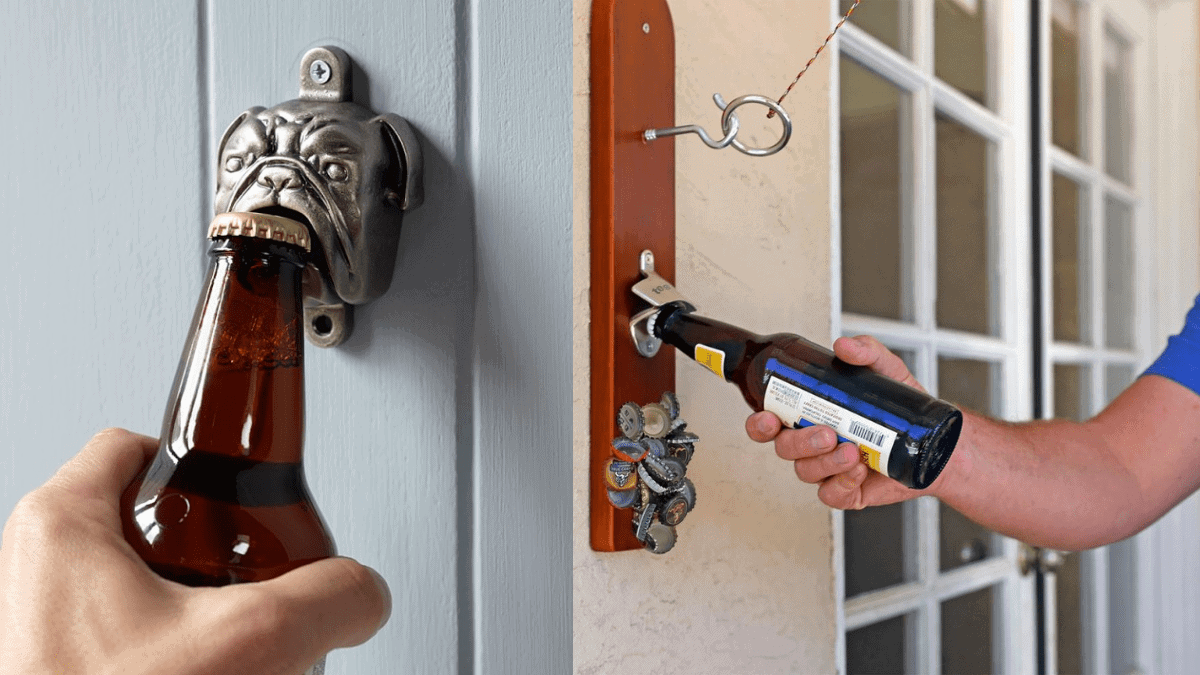 A man is opening his bottle opener from its wall mounted dog shaped bottle opener. 