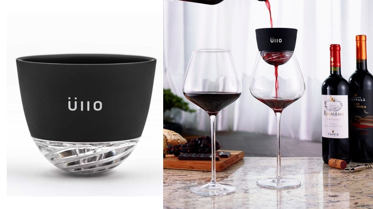 On Left: a wine aerating device. On the right: a wine is poured in a glass through a wine aerator. 