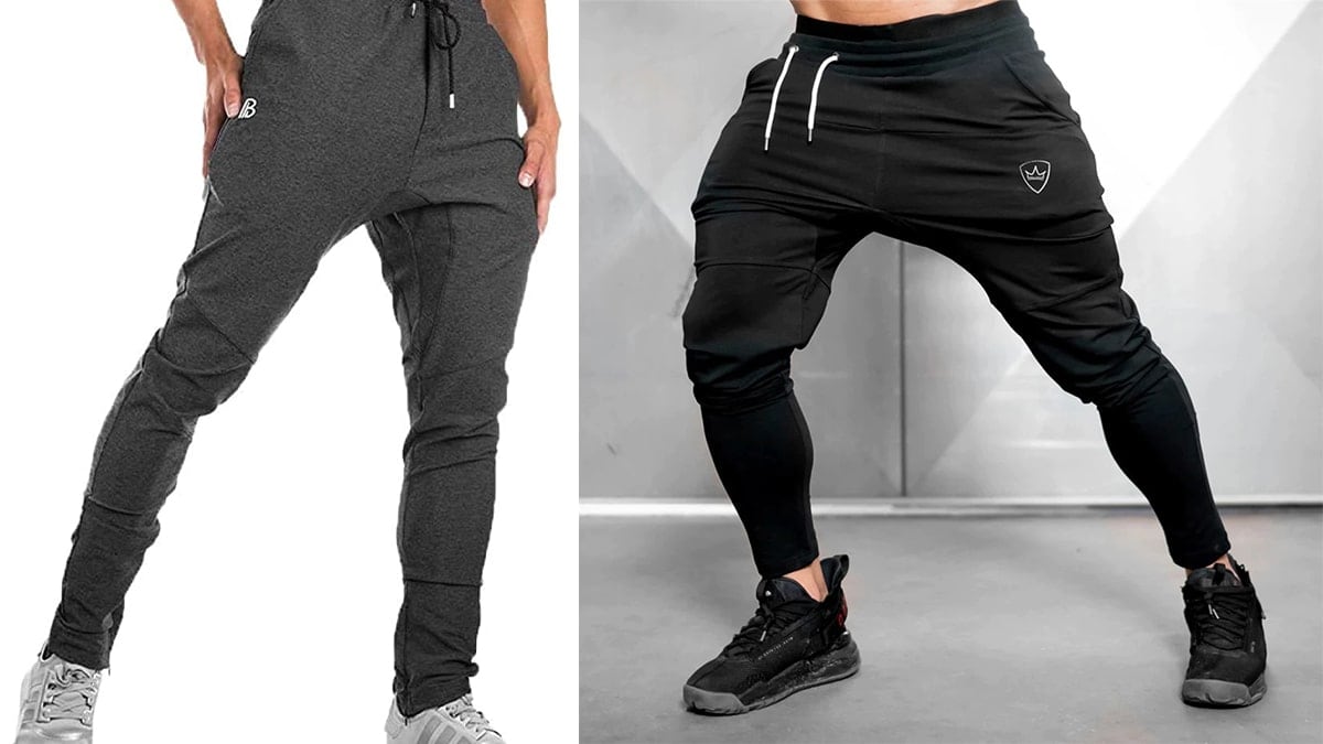 On left: a guy wearing grey workout pant. On the right: a guy wearing black workout pant