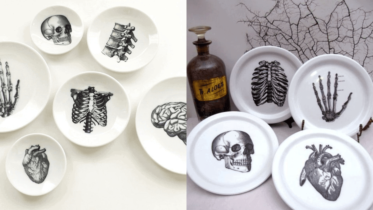 A displayed of plain white dishes with human anatomy drawn on it to give it a spooky look to be displayed on the Halloween dinner table.