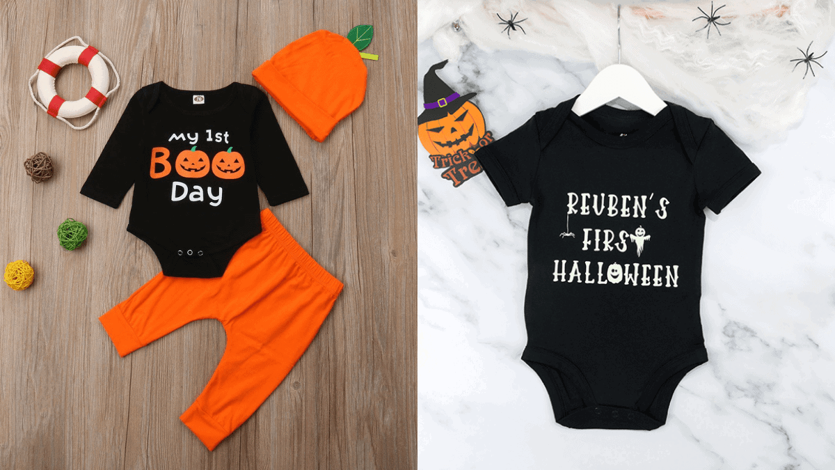 Baby's 1st Halloween clothes. Black onesies and one with an orange pant and an orange beanie.
