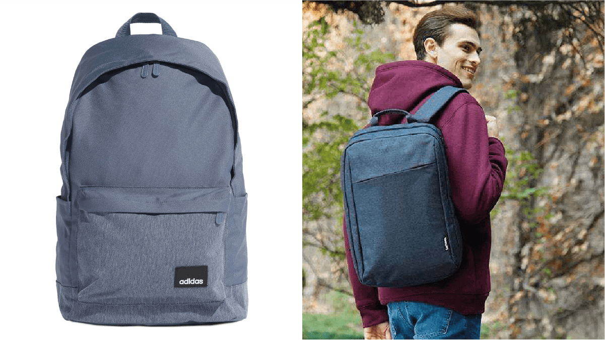 On left: a casual backpack against white background. On right: a guy in maroon hoodie wearing a casual backpack