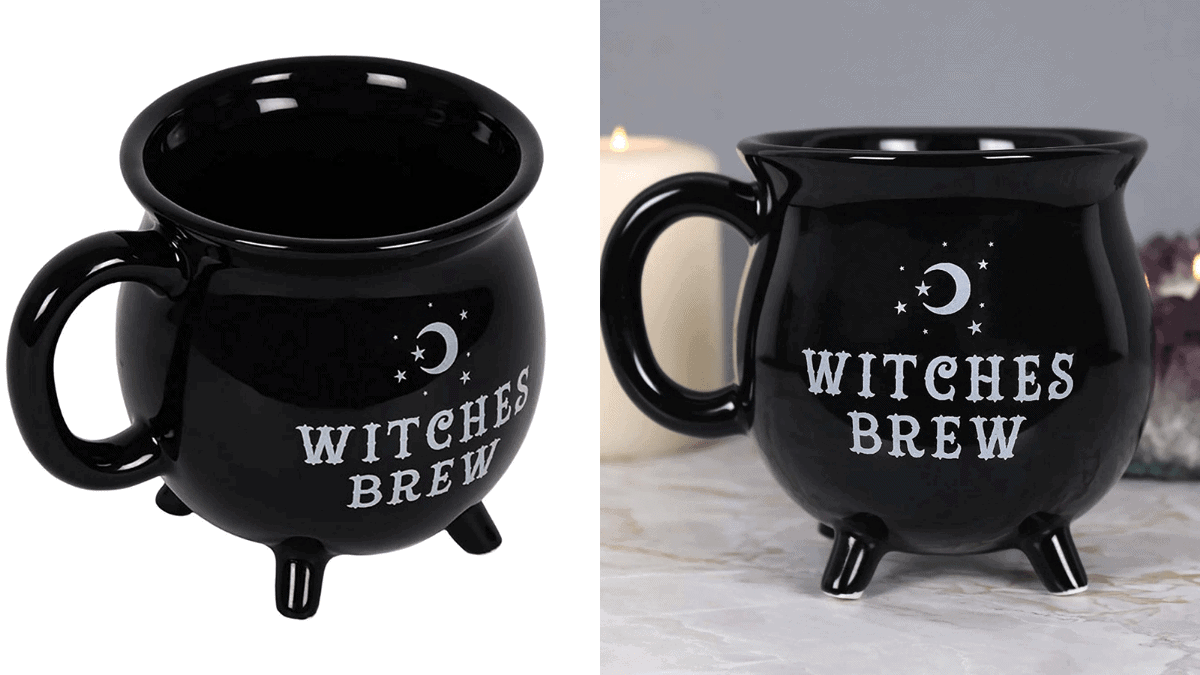 2 black cauldron shaped mugs with the words Witches brew printed on them can be given as Halloween gifts.