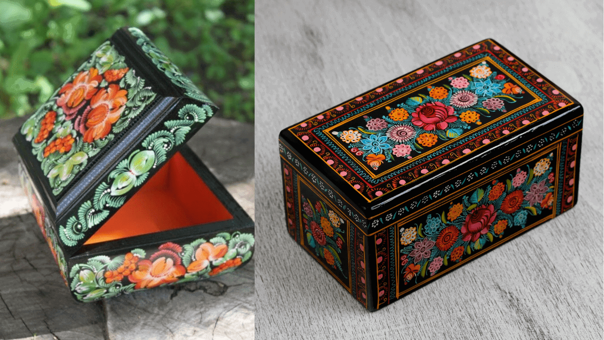 A beautiful box wooden box that is hand painted with colourful flowers. 
used to store things of value. 
   