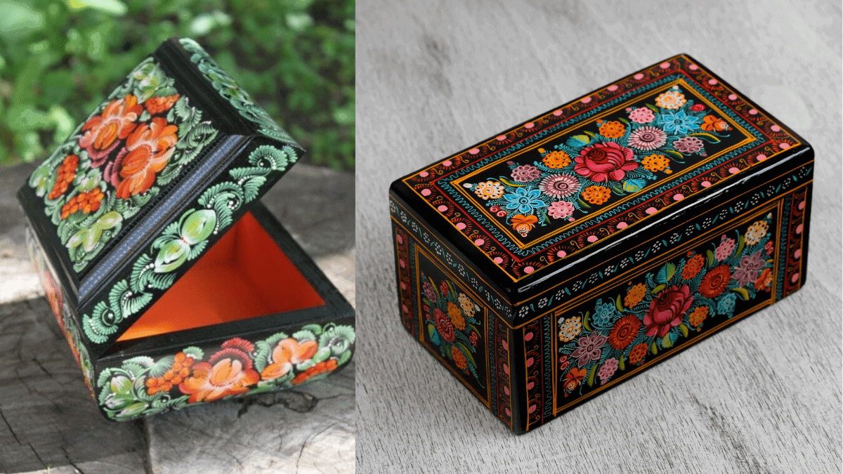 A beautiful box wooden box that is hand painted with colourful flowers.
used to store things of value.