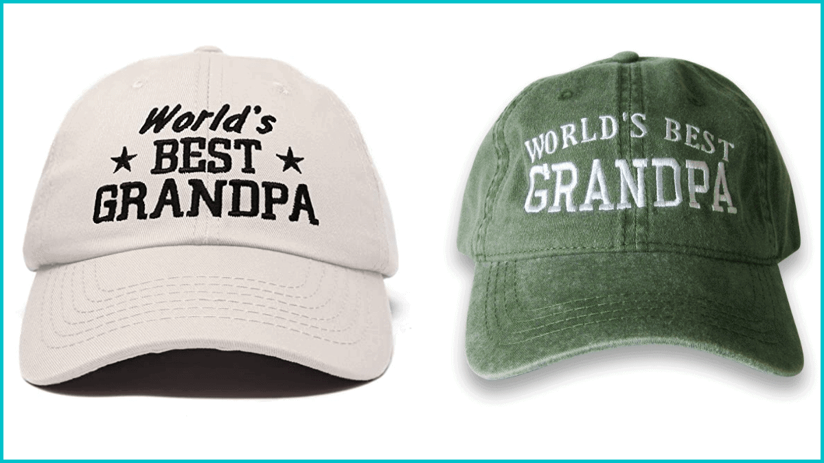 the image shows two hats (one in white and the other in olive green).
Both of the hats are embroidered with the phase " Worlds BEST Grandpa"
this is an excellent Christmas gift for grandpa 
