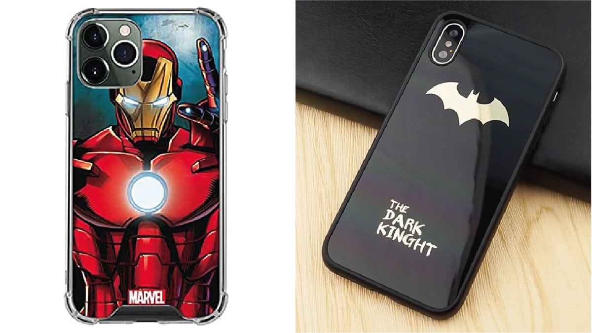 on left: custom ironman phone case.  On the right: a custom batman phone case of "the dark knight" 