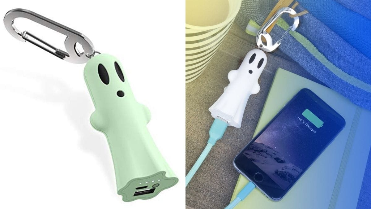 A ghost portable charger in green color on the left and on the right a white ghost portable charger plugged in into a phone that will be a good choice as a Halloween gift
