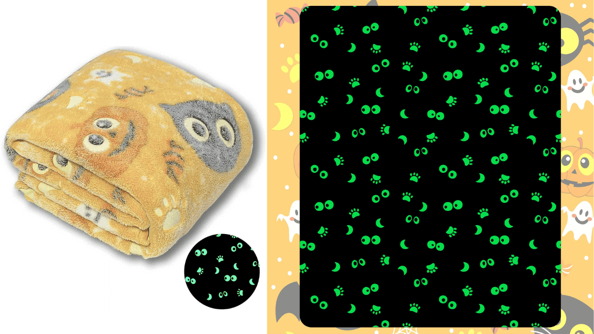 A folded glow in the dark blanket on the left. a night version of the blanket showing the glowing parts of the blanket on the right.