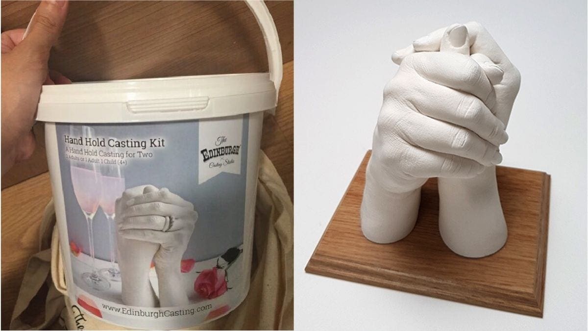 On left: a hand casting kit. On the right: a casted figure of two hands. 
