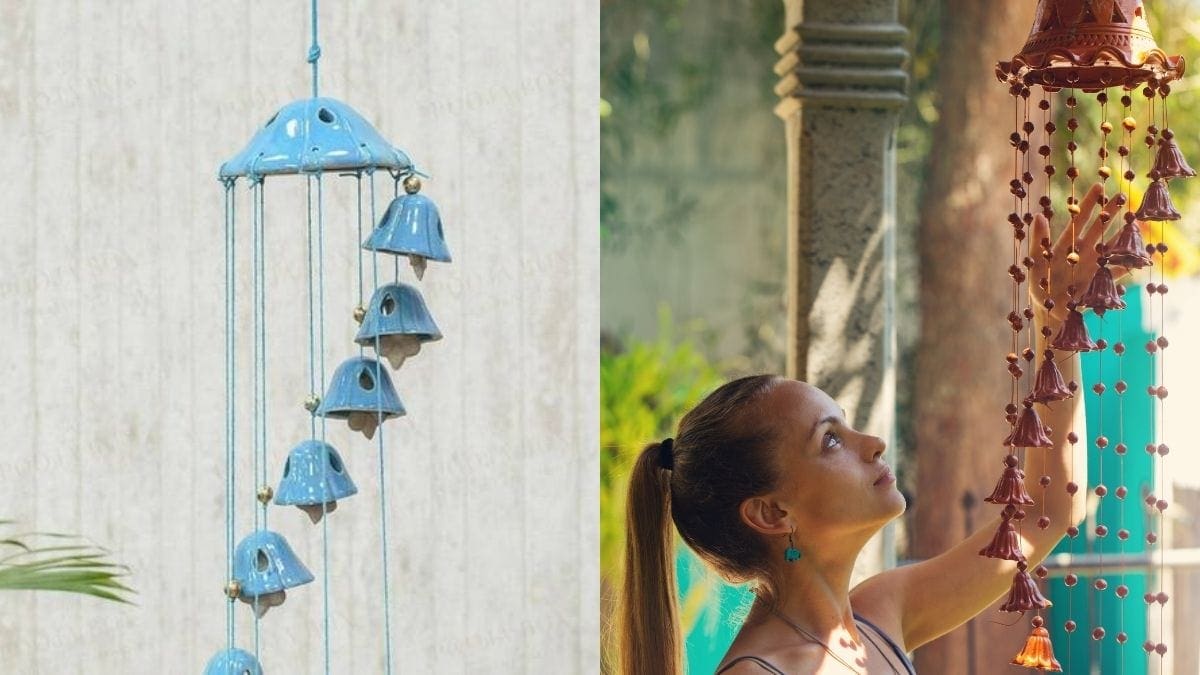 Two wind chimes are shown in two different background. In first image, blue wind chime is on a white background. In second image, a girl is touching the brown wind chime which is above her head. 