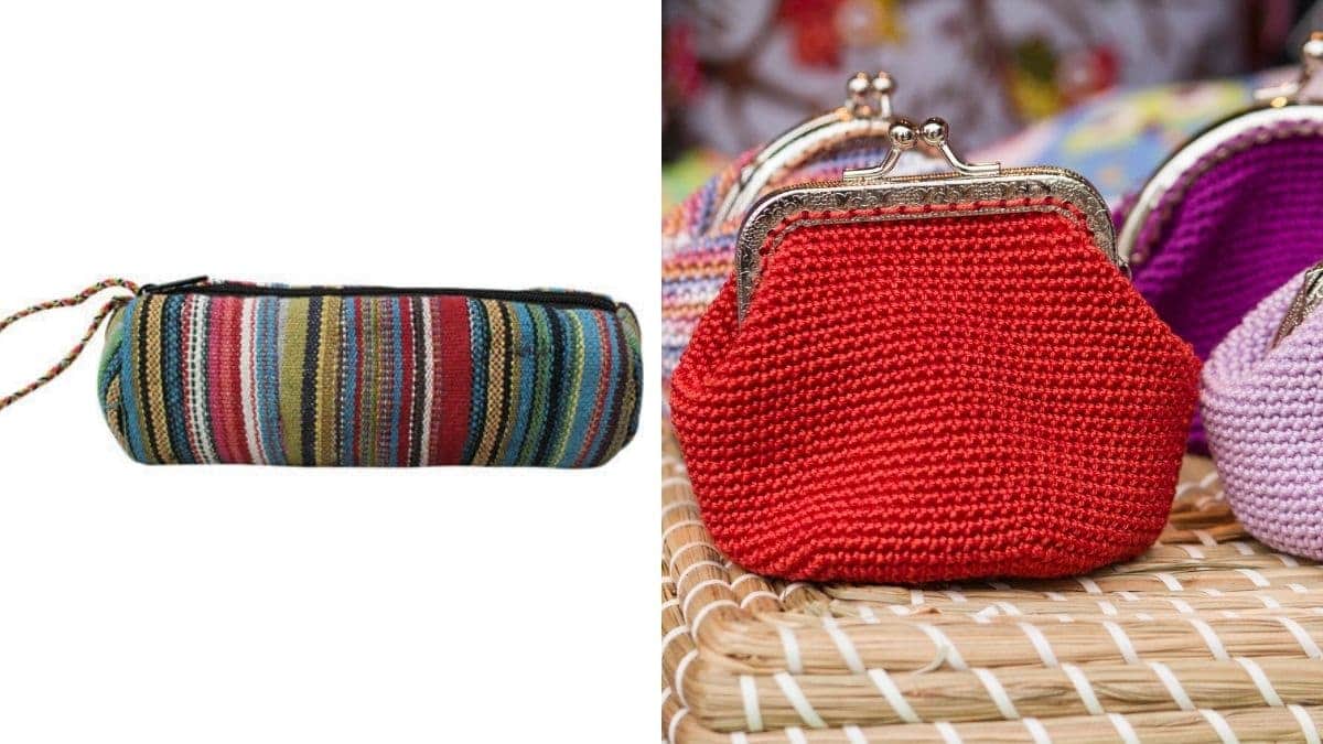 There are two handmade pouches in two different backgrounds. The red pouch is placed on bed whereas the multicolored pouch is on white background. 