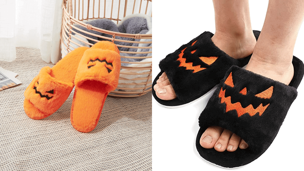 Orange fuzzy Jack-o-Lantern slippers displayed against a laundry basket on the left. A pair of human feet displaying the Jack-o-Lantern themed fuzzy slippers on the right.