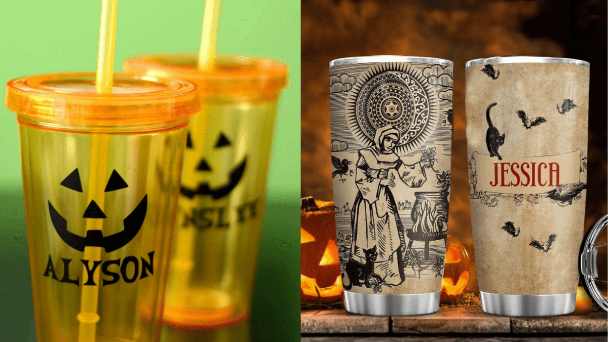 Halloween themed customized tumblers with Jack-o'-lantern faces and witches with cats brewing potions. 