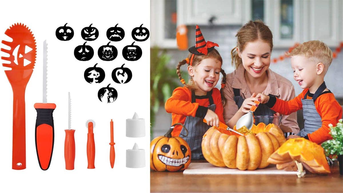 A black and orange plastic pumpkin carving set on the left as a Halloween gift for kids. A mother and her 2 kids carving a pumpkin with the carving set on their dinning table.
