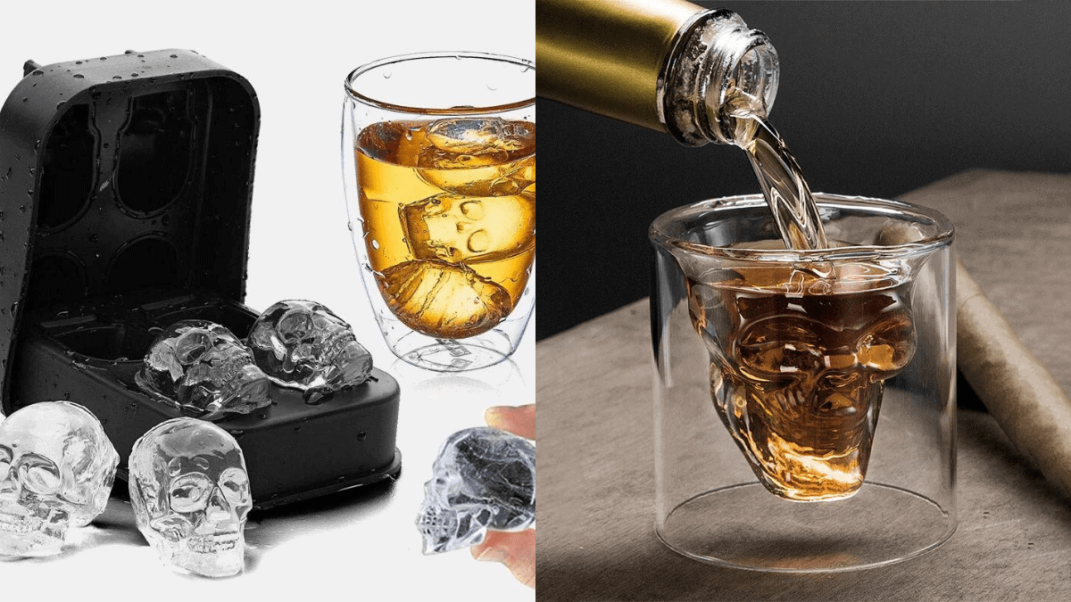 Whiskey glass molded in the shaped of a skull and whiskey being poured in it on the right. Ice molds in the shapes of skulls and skull shaped ice cubes on the left, perfect Halloween gift ideas.